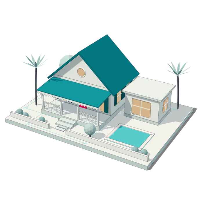 Maquette blanche d'une villa créole au toit de tôle sarcelle, avec sa varangue, sa piscine et ses palmiers